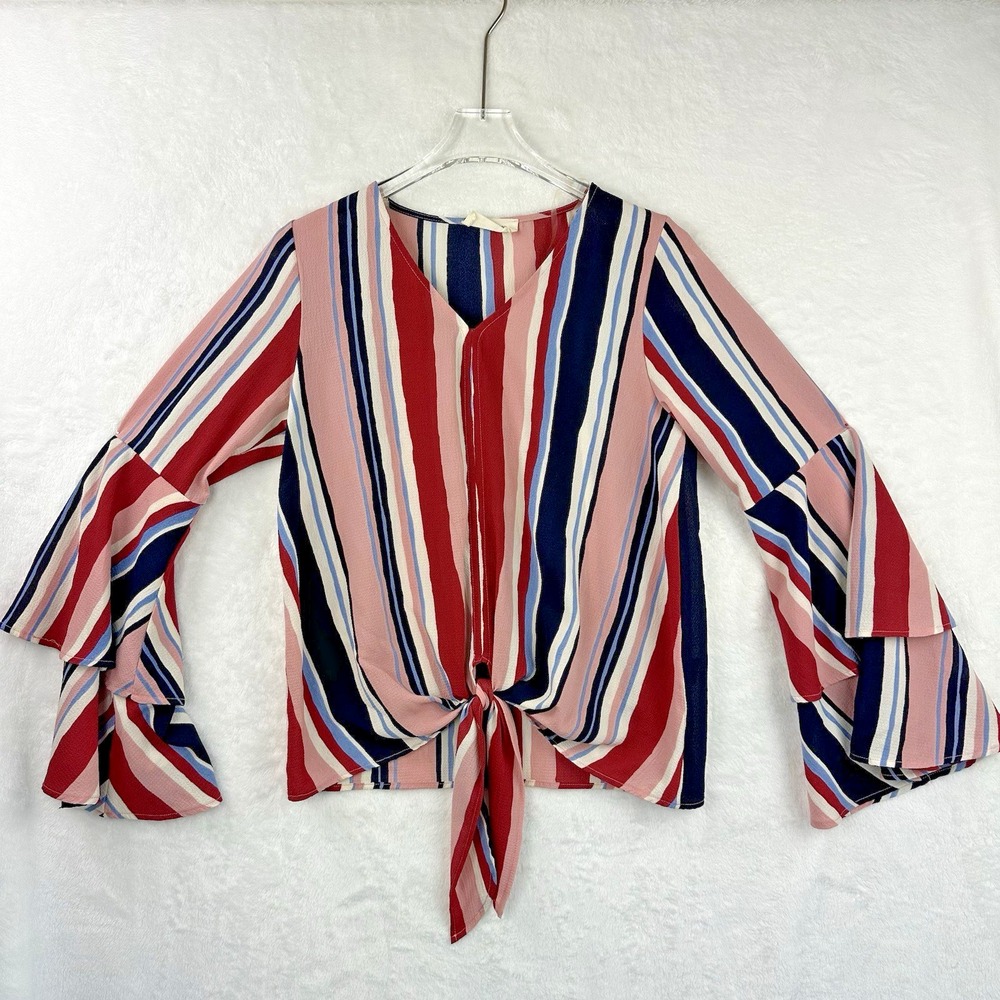 Peach Love California Sm Blouse Top Front Tie Flowy Sleeve Stripes Multi Color